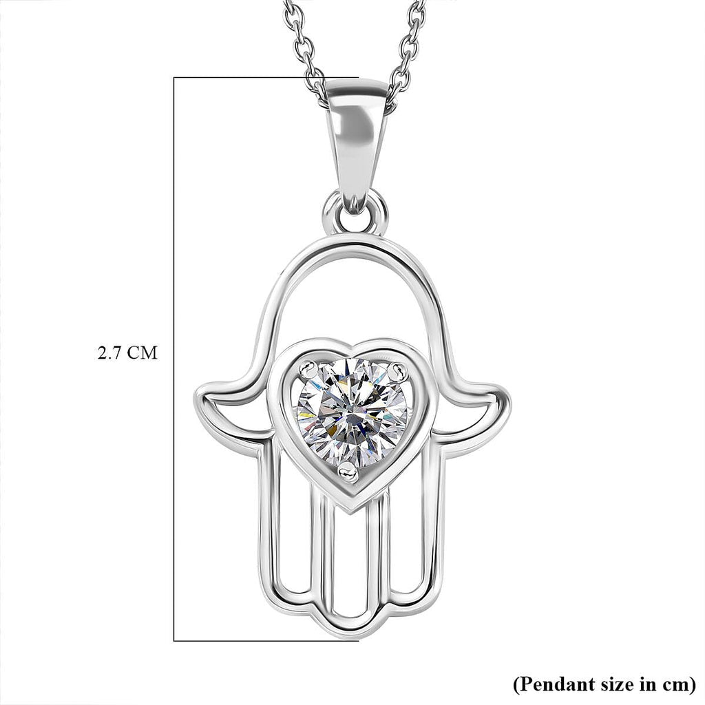 Moissanite Fatima Pendant with Chain (Size 20) in Rhodium Overlay Sterling Silver