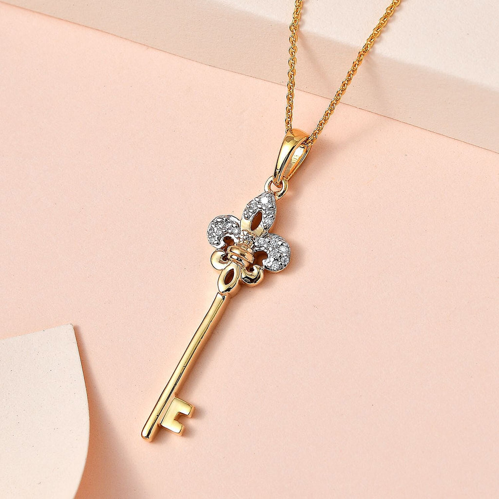 Moissanite Key Pendant with Chain (Size 20) in 18K Vermeil Yellow Gold Plated Sterling Silver