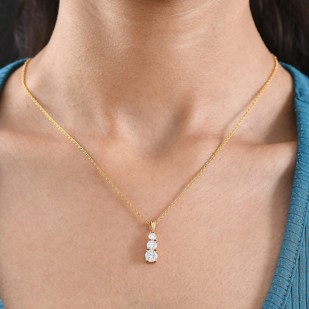D'Joy Moissanite Trilogy Drop Pendant in Yellow Gold Plated Sterling Silver with Chain (Size 20) 1.44 Ct.