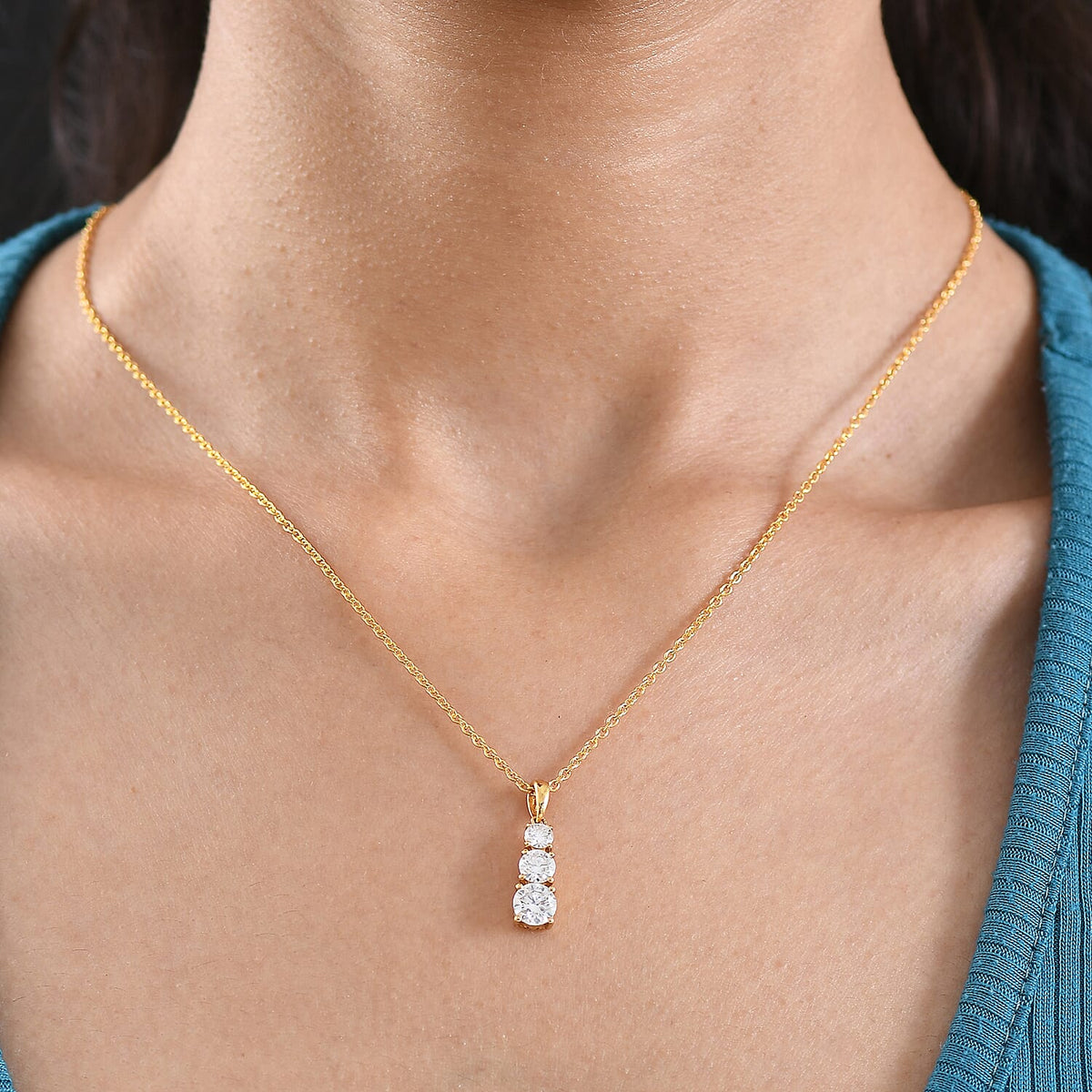 D'Joy Moissanite Trilogy Drop Pendant in Yellow Gold Plated Sterling Silver with Chain (Size 20) 1.44 Ct. 4449274 3