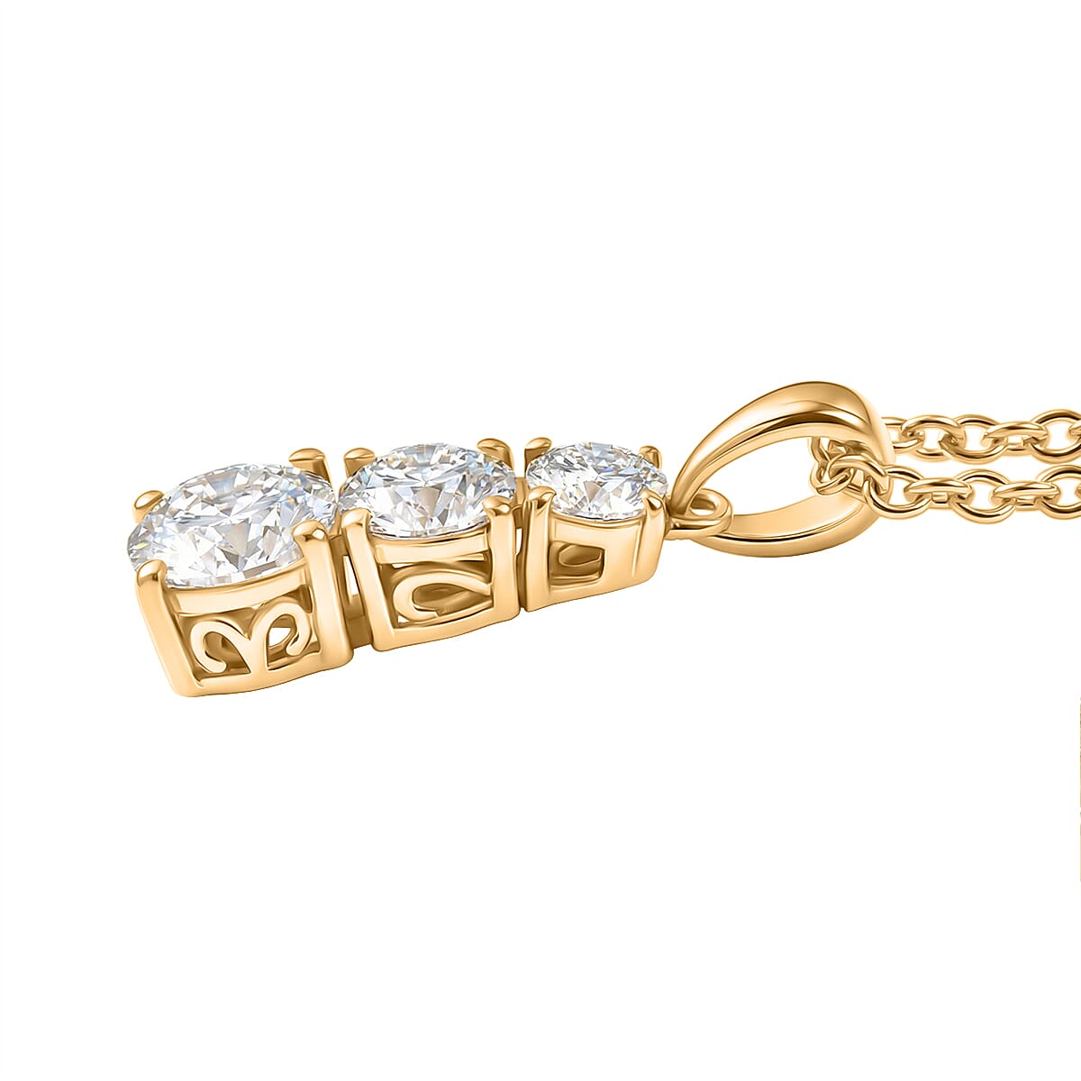 D'Joy Moissanite Trilogy Drop Pendant in Yellow Gold Plated Sterling Silver with Chain (Size 20) 1.44 Ct. 4449274 4