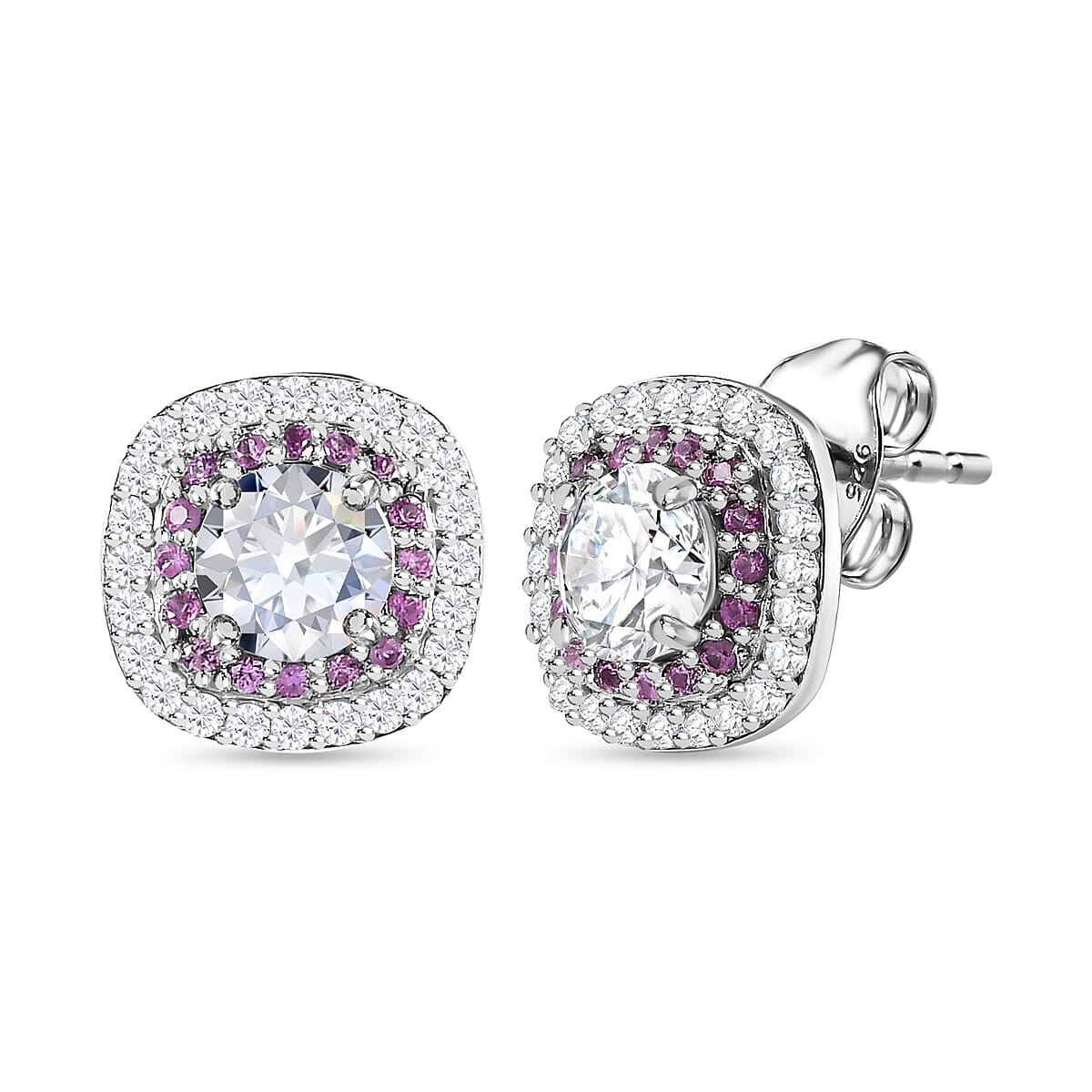 Moissanite &amp; Pink Sapphire Earrings in Platinum Overlay Sterling Silver 1.47 Ct 7627230 0