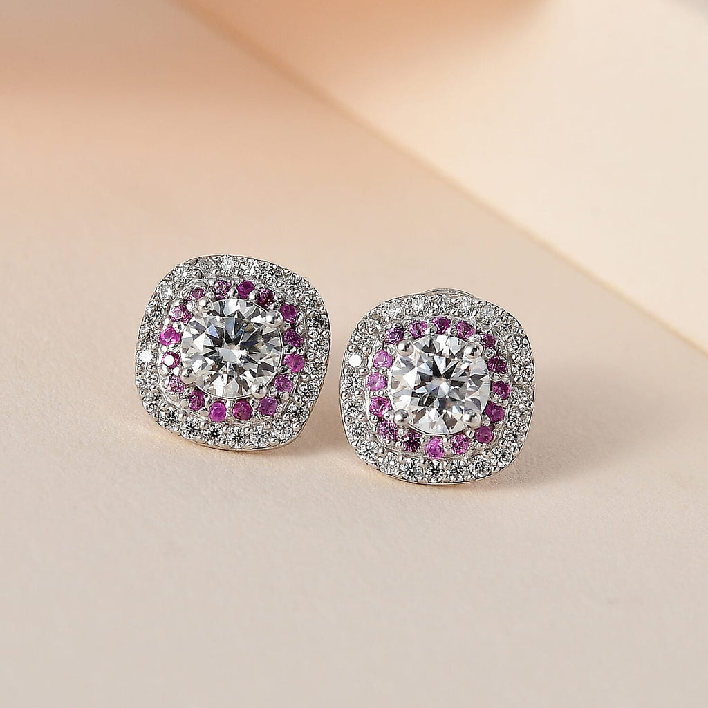 Moissanite & Pink Sapphire Earrings in Platinum Overlay Sterling Silver 1.47 Ct