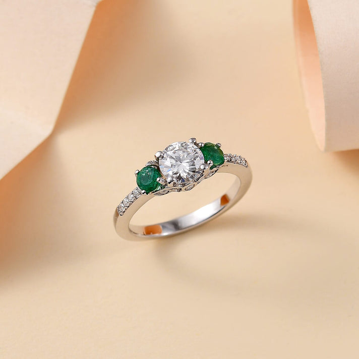The MOISSANITE CONSORT RING with AAA Gemfileds Zambian Emerald in Platinum Overaly Sterling Silver 7877598 2