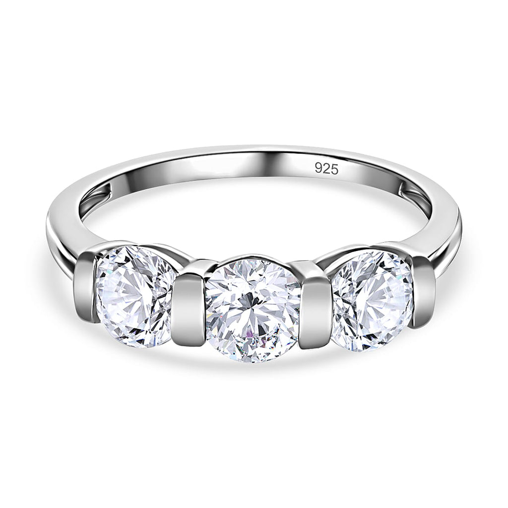 Moissanite 3 Stone Ring in Platinum Overlay Sterling Silver 1.28 Ct.