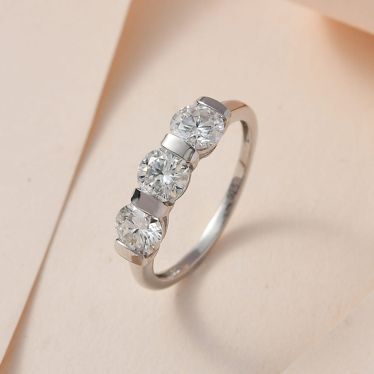 Moissanite 3 Stone Ring in Platinum Overlay Sterling Silver 1.28 Ct. 7533374 1