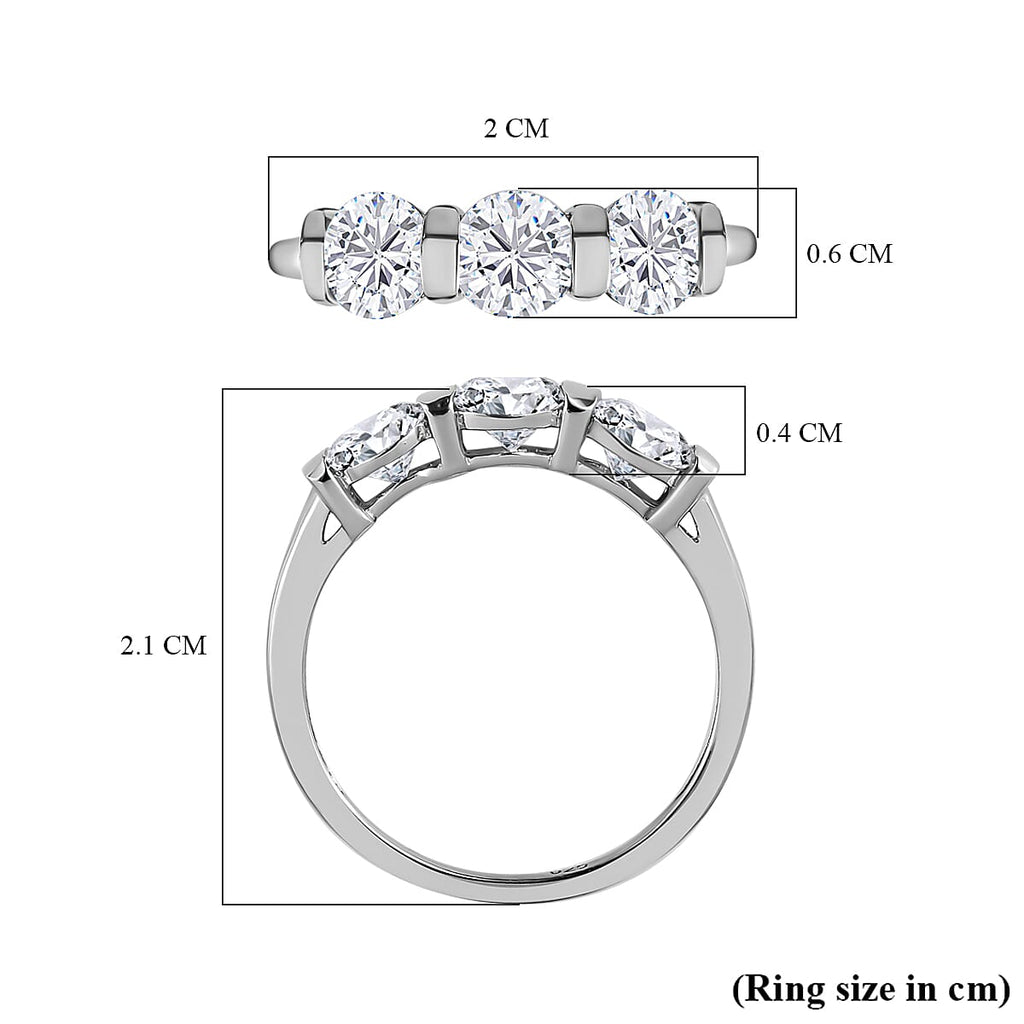 Moissanite 3 Stone Ring in Platinum Overlay Sterling Silver 1.28 Ct.