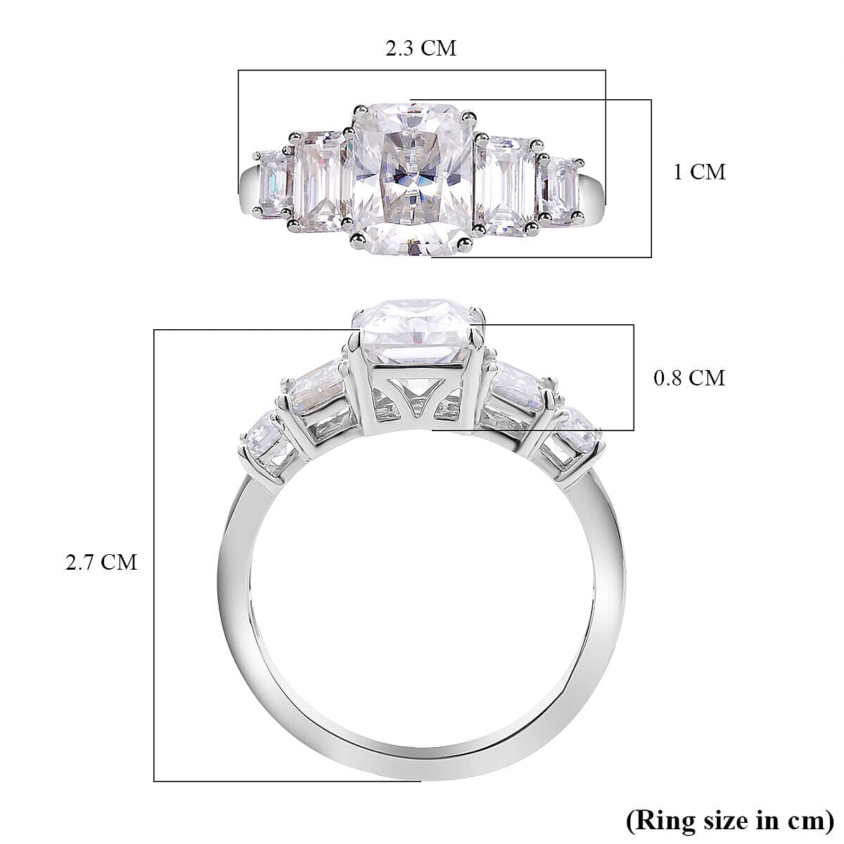 Moissanite (Radiant Cut) Ring in Rhodium Overlay Sterling Silver 4.28 Ct 7368917 10