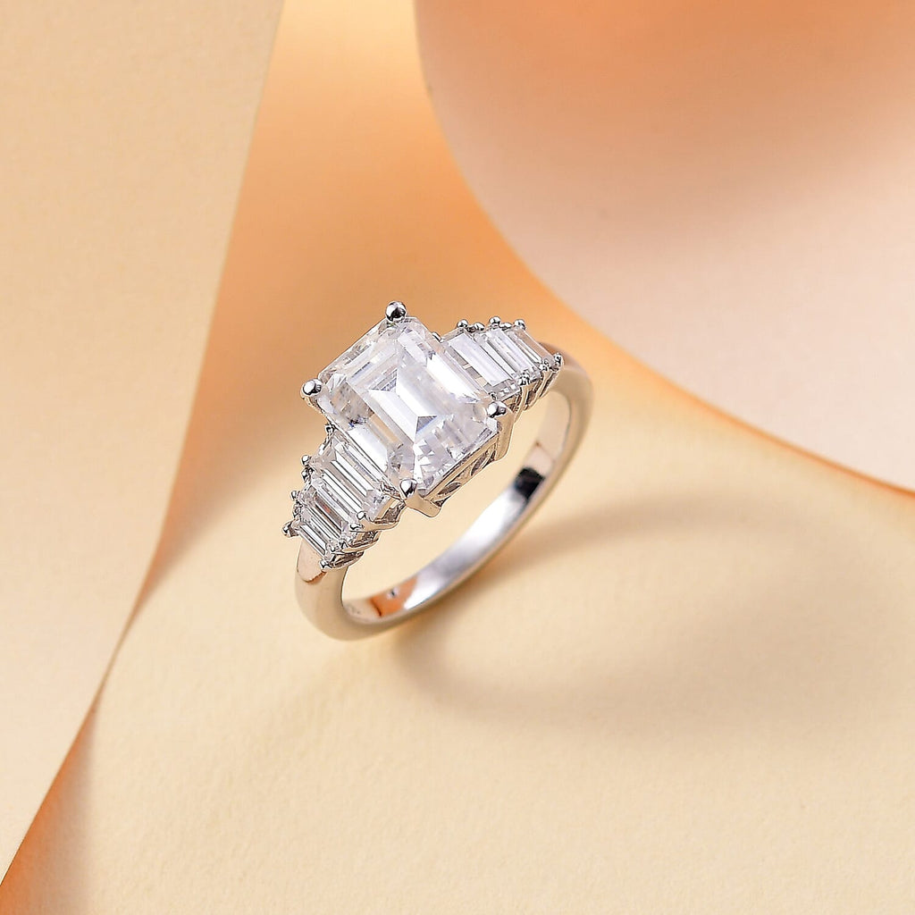 Moissanite Main Stone With Side Stone Ring in Rhodium Sterling Silver 3.27 Ct.