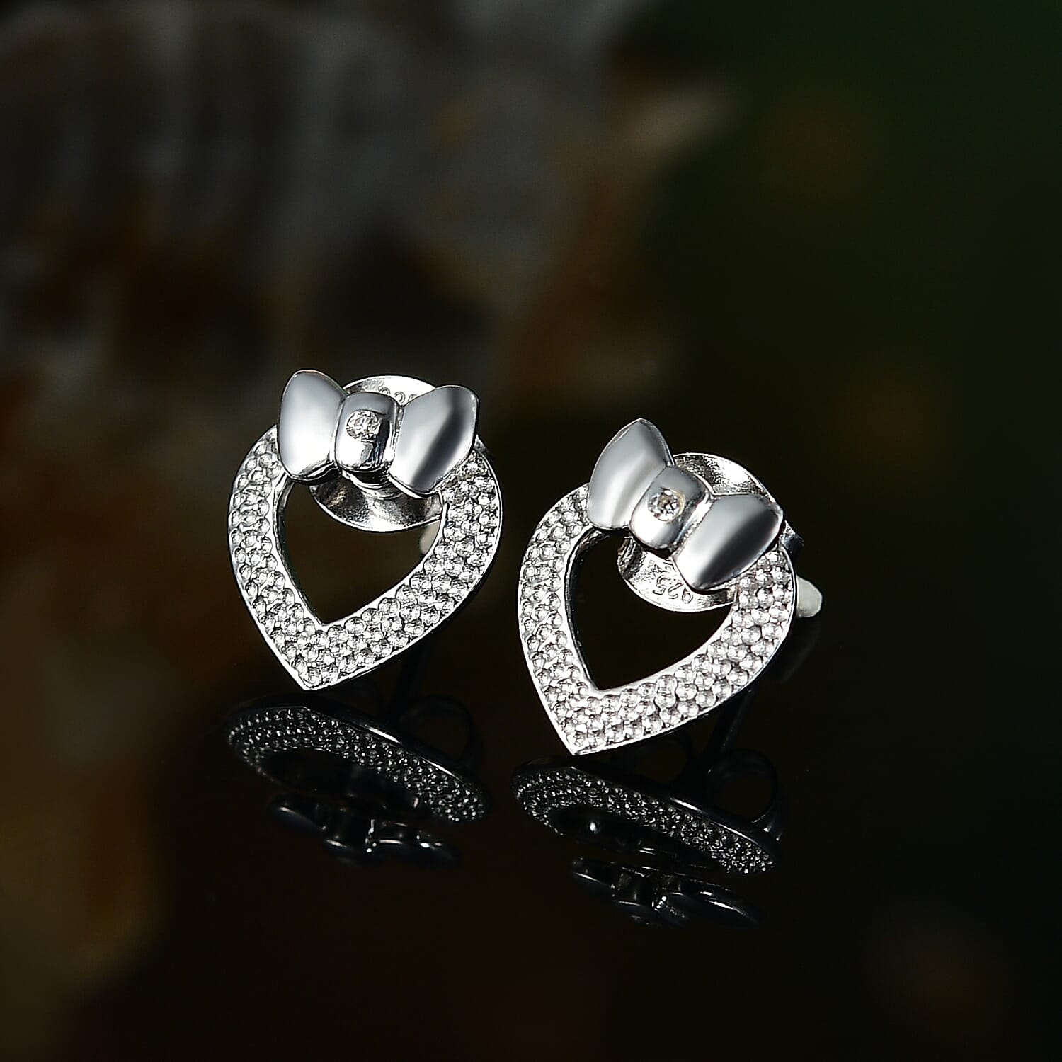 Moissanite Solitaire Heart Knot Earrings in Rhodium Overlay Sterling Silver 8047625 2