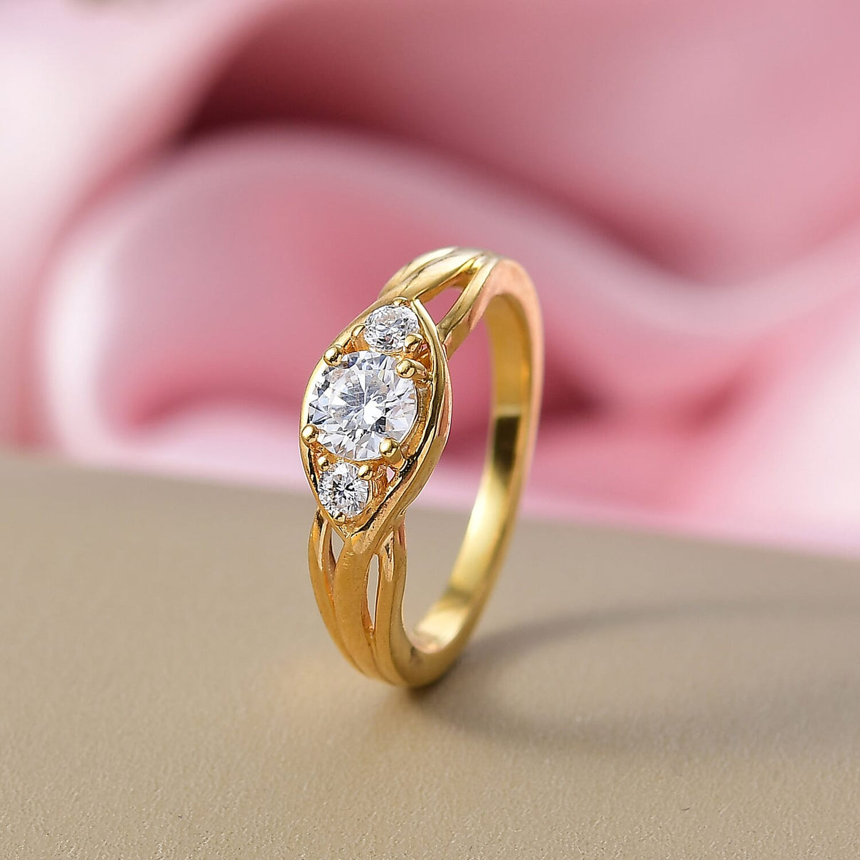 Moissanite 3-Stone Ring in Yellow Gold Over Sterling Silver V32515735 2
