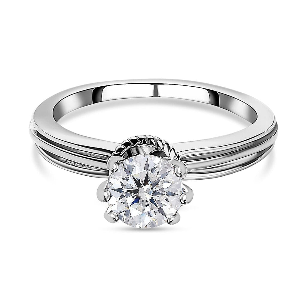 Moissanite Solitaire Ring in Platinum Overlay Sterling Silver
