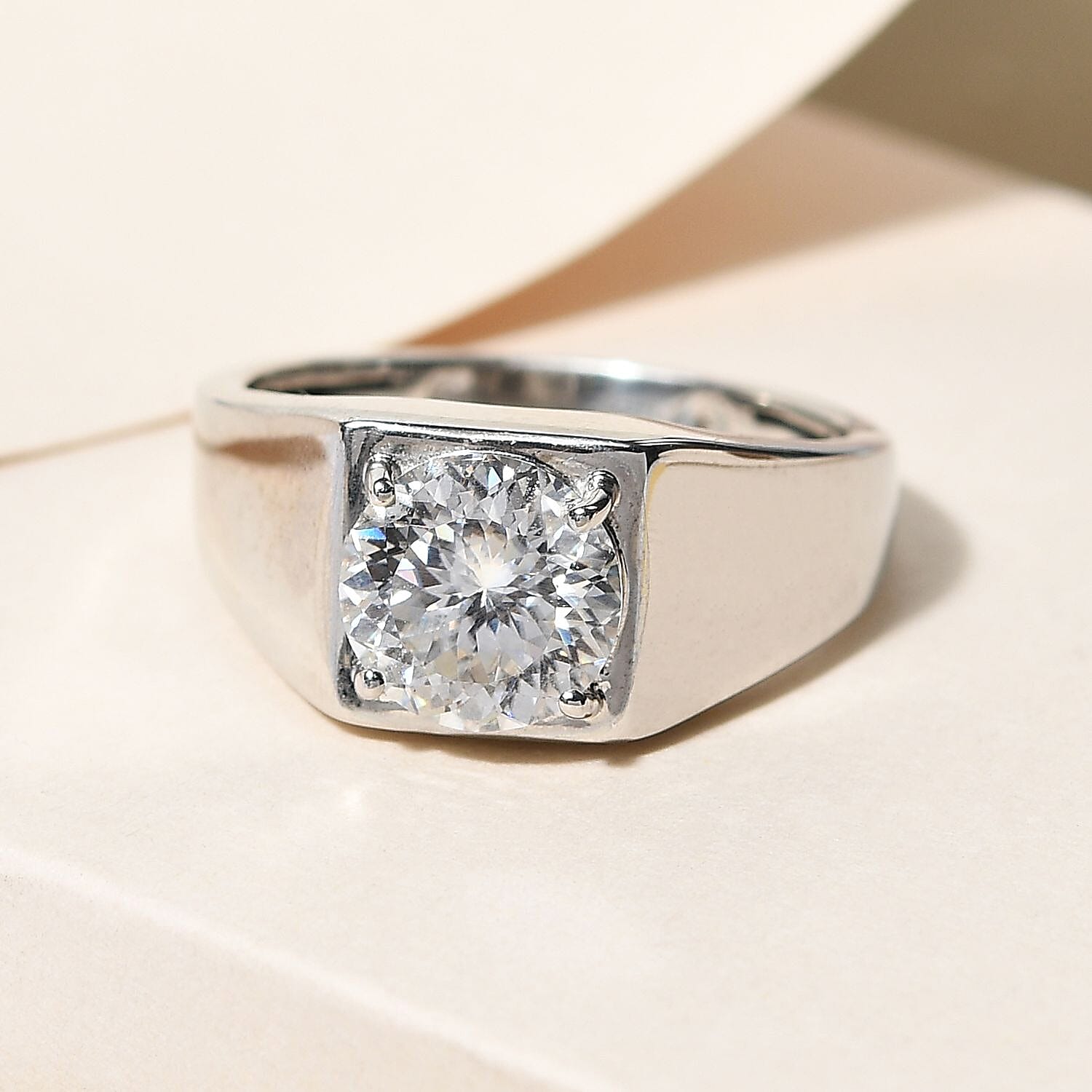 Moissanite Solitaire Signet Men's Ring in Platinum Plated Sterling Silver 1.89 Ct. 8728659 2