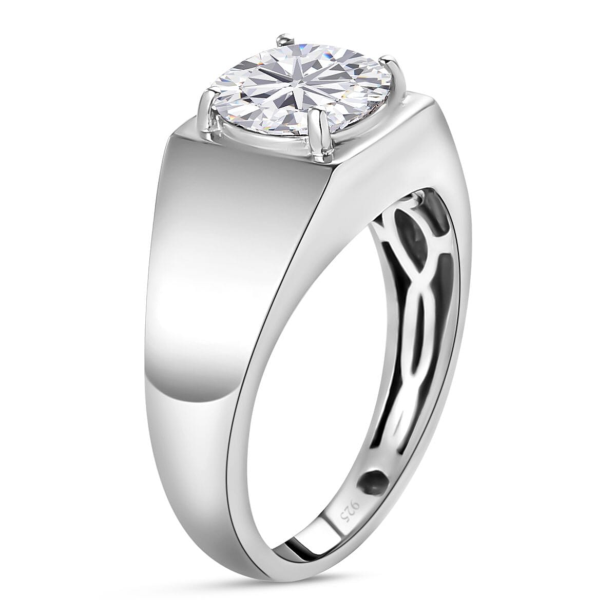 Moissanite Solitaire Signet Men's Ring in Platinum Plated Sterling Silver 1.89 Ct. 8728659 4
