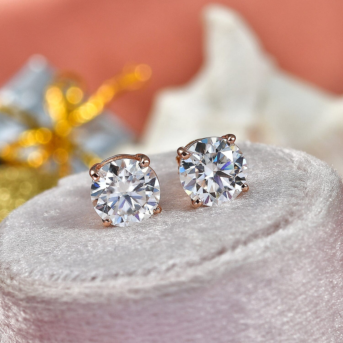 D'Joy Moissanite Solitaire Stud Earring with Pust Back in Rose Gold Plated Sterling Silver 3.70 Ct. V32623591 2