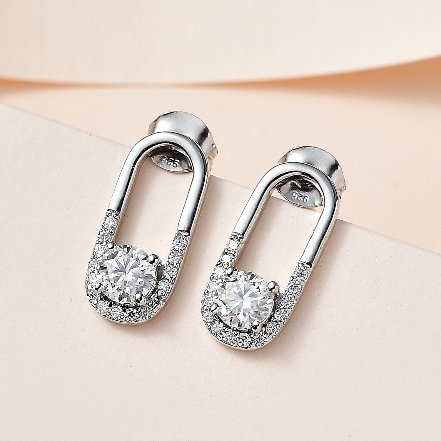 Moissanite Drop Loop Earrings in Platinum Overlay Sterling Silver 1.21 Ct. 7668935 2