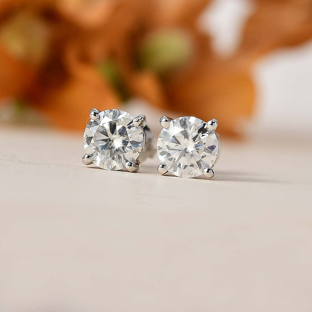 Moissanite  Solitaire Stud Push Post Earring in Platinum Overlay Sterling Silver 2.40 ct  1.144  Ct.