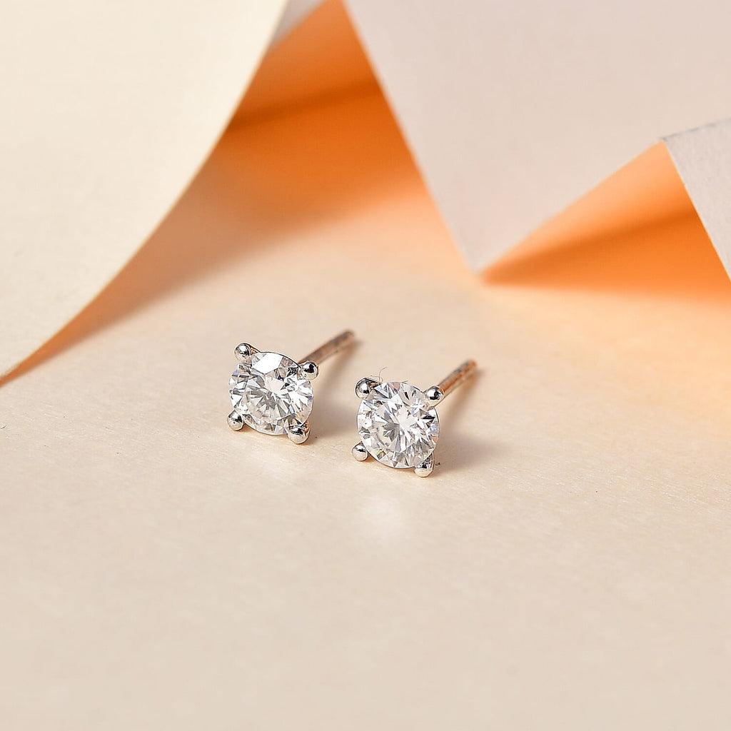Round 5mm Moissanite Solitaire Stud Earrings in Rhodium Overlay Sterling Silver