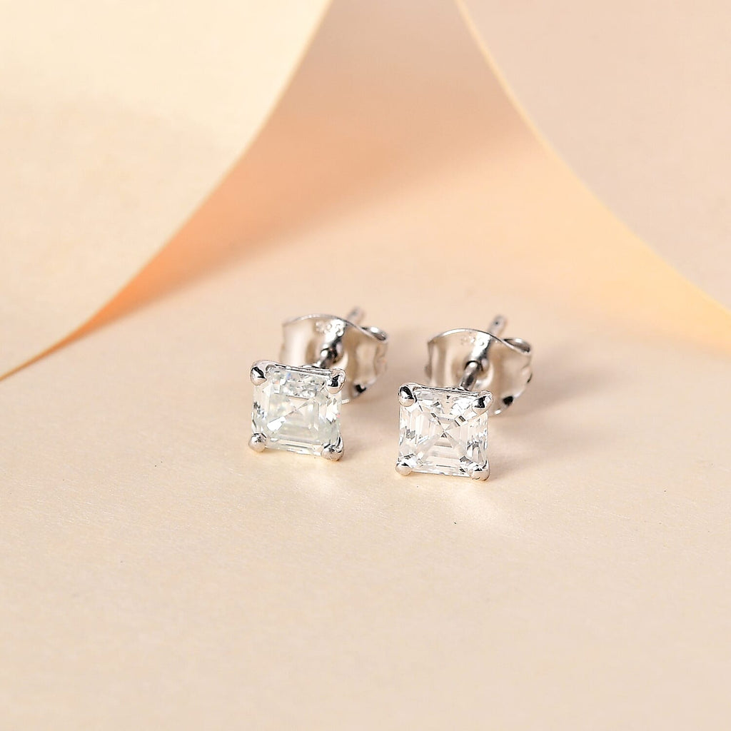 Moissanite (Asscher Cut) Solitaire Earrings in Rhodium Overlay Sterling Silver 1.30 Ct
