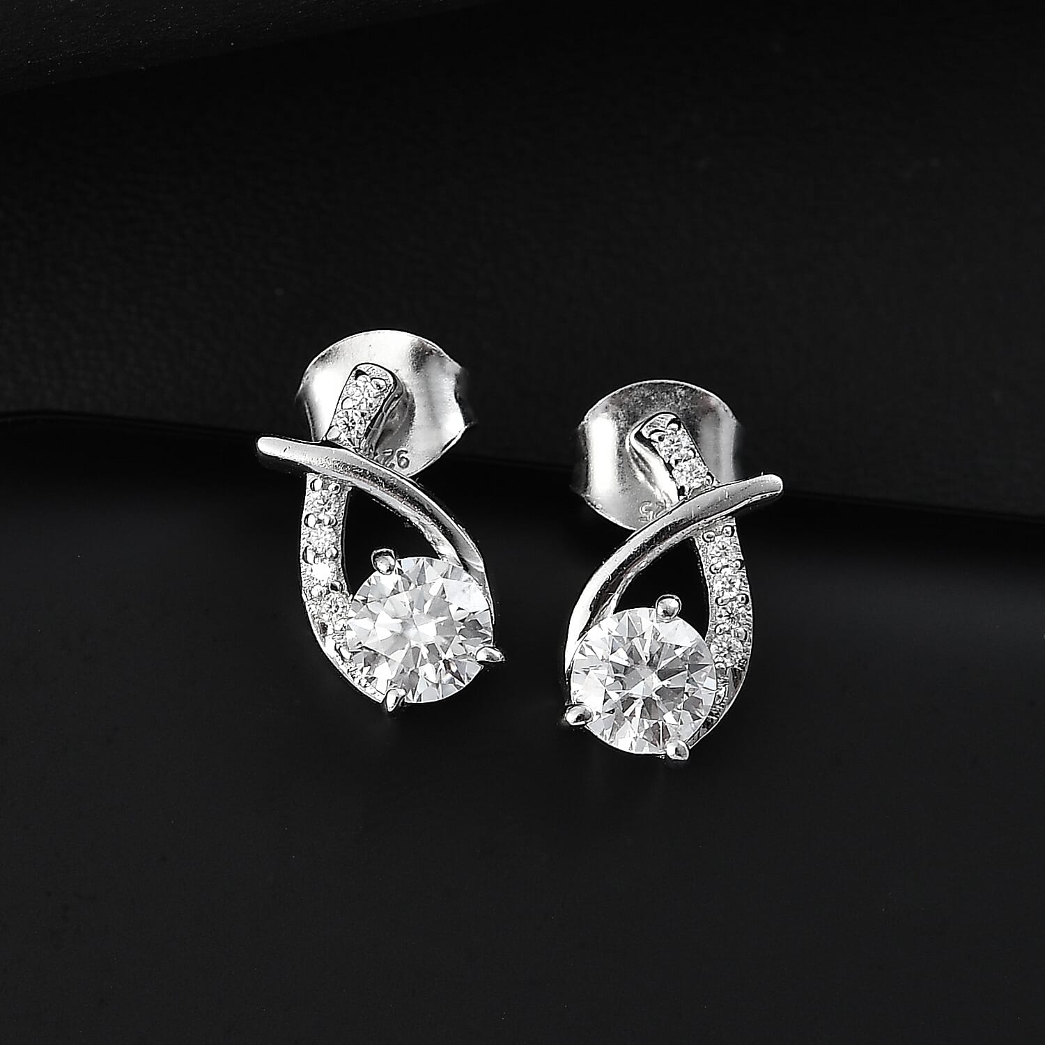Moissanite Drop Push Post Earrings in Rhodium Overlay Sterling Silver 8054014 2