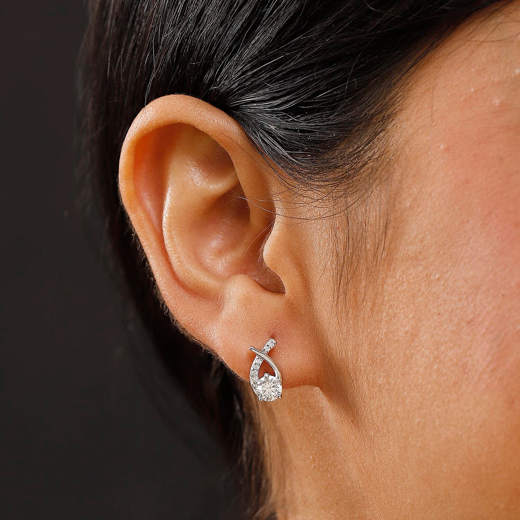 Moissanite Solitaire Stud Push Post Earring in Rhodium Overlay Sterling Silver 0.96 Ct.