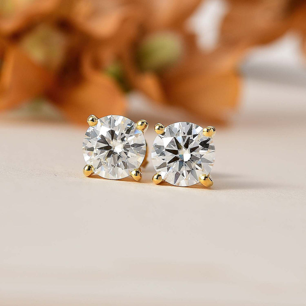 Moissanite  Solitaire Stud Push Post Earring in Vermeil YG Sterling Silver 2.40 ct  2.288  Ct.
