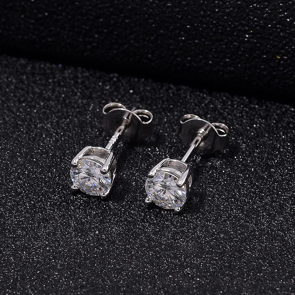 RADIANTA GRA Certified Moissanite Solitaire Stud Earring with Push Back in Rhodium Overlay Sterling Silver