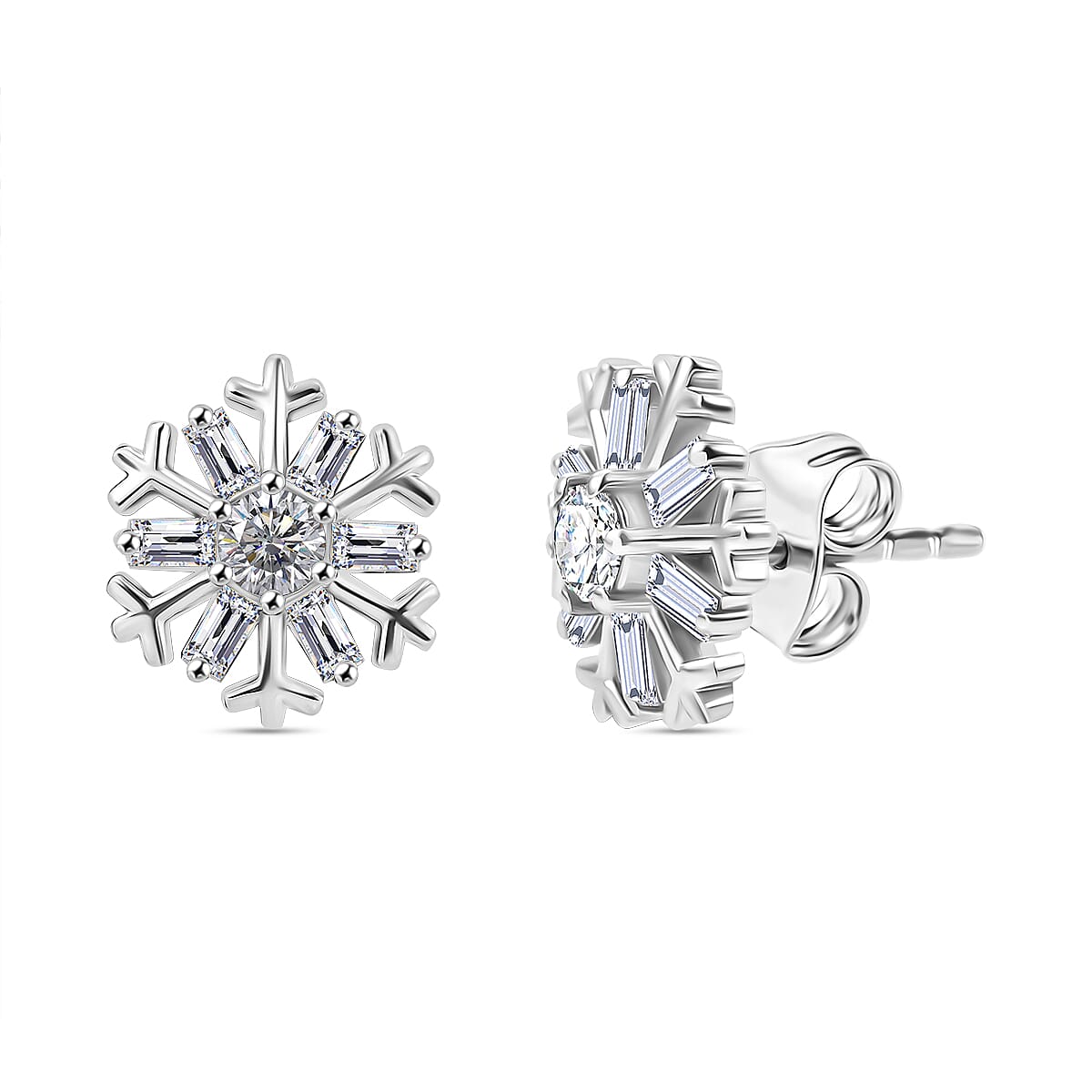 Moissanite Snowflake Earrings With Push Back in Rhodium Overlay Sterling Silver 0.87 Ct. 7986311 0