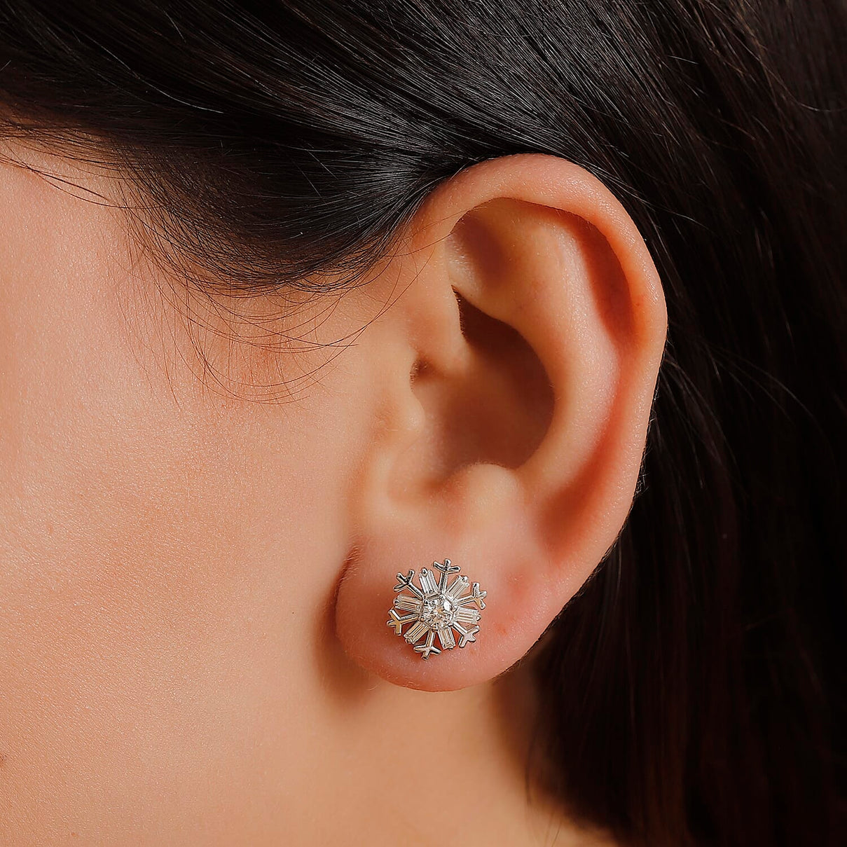 Moissanite Snowflake Earrings With Push Back in Rhodium Overlay Sterling Silver 0.87 Ct. 7986311 2