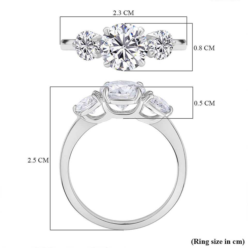 Moissanite 3 Stone Ring in Rhodium Overlay Sterling Silver 2.92 Ct