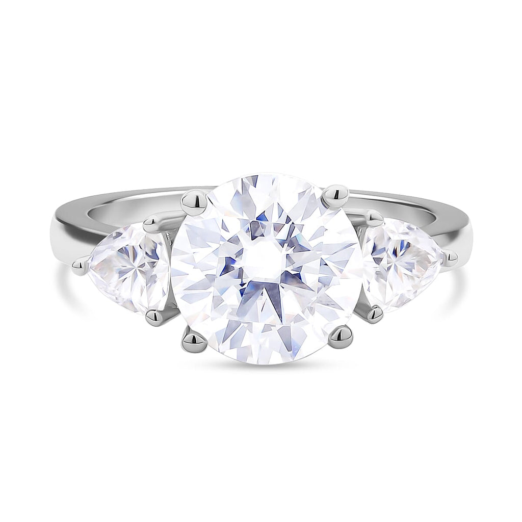 Moissanite 3 Stone Ring in Rhodium Overlay Sterling Silver 4.40 Ct