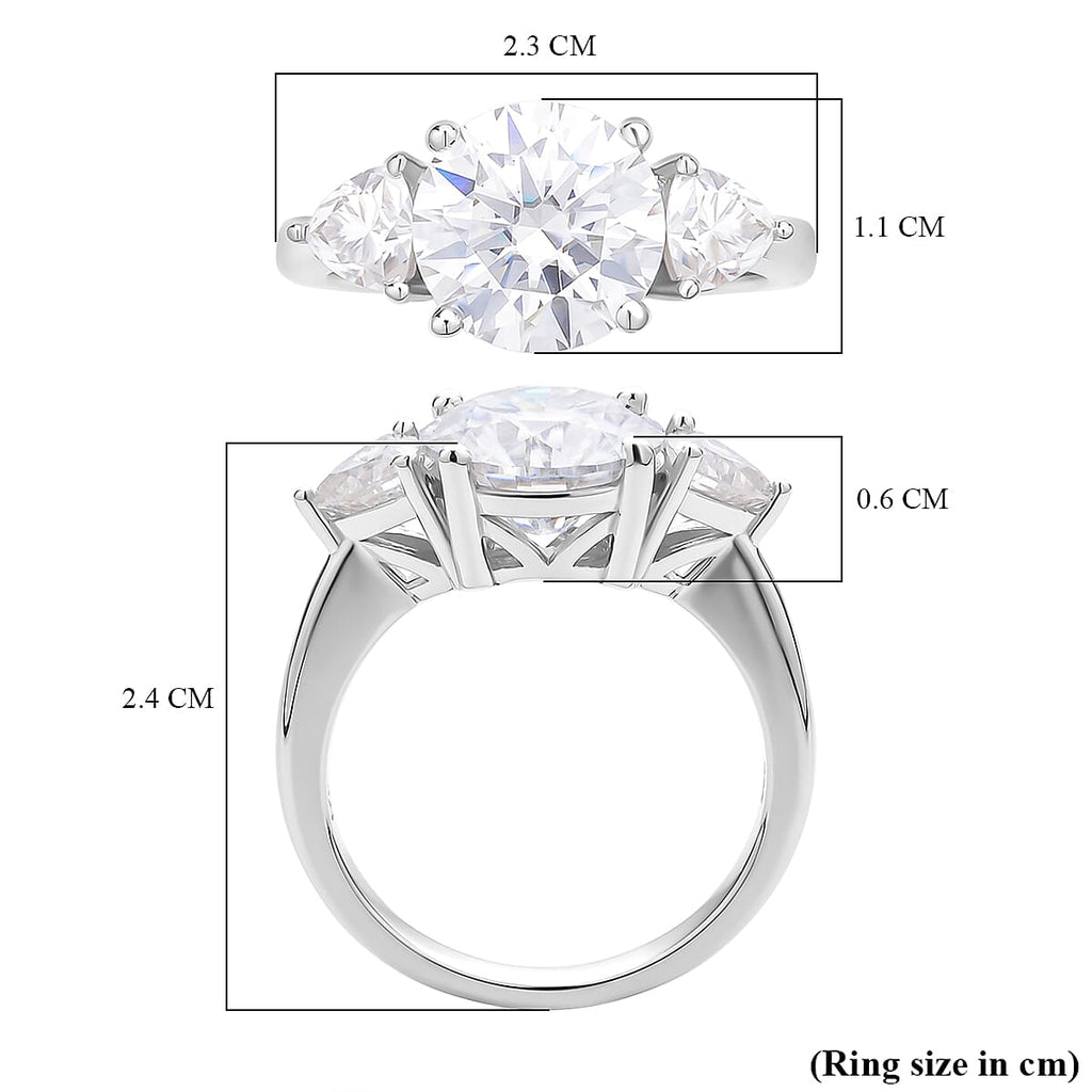 Moissanite 3 Stone Ring in Rhodium Overlay Sterling Silver 4.40 Ct