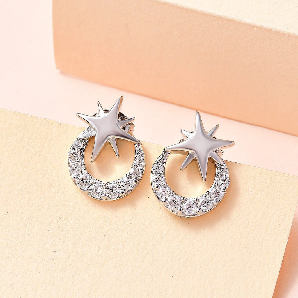 Moissanite Moon & Star Stud Earrings in Platinum Overlay Sterling Silver