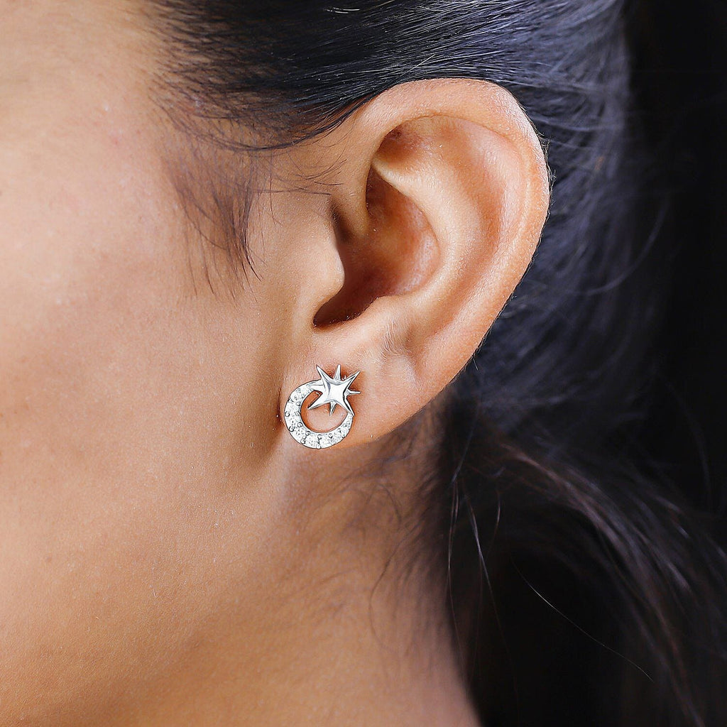 Moissanite Moon & Star Stud Earrings in Platinum Overlay Sterling Silver