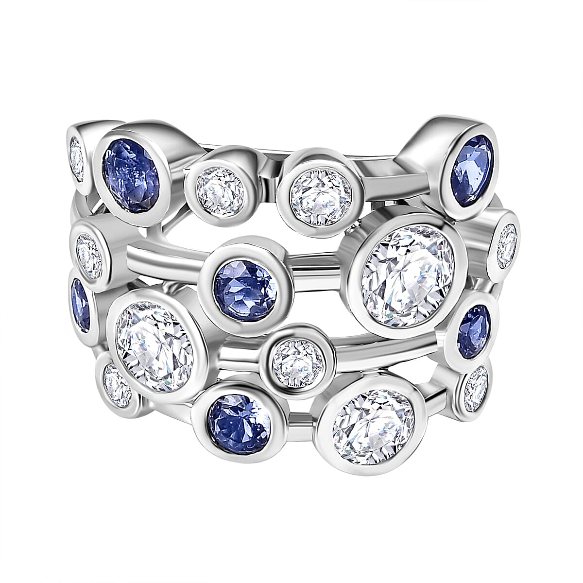 Moissanite, Tanzanite Bubble Ring in Rhodium Overlay Sterling Silver 3.02 Ct. 7857314 0