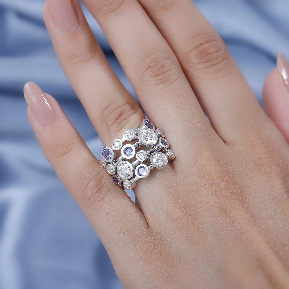 Moissanite, Tanzanite Bubble Ring in Rhodium Overlay Sterling Silver 3.02 Ct. 7857314 3