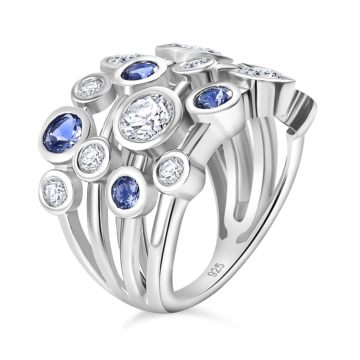 Moissanite, Tanzanite Bubble Ring in Rhodium Overlay Sterling Silver 3.02 Ct. 7857314 4