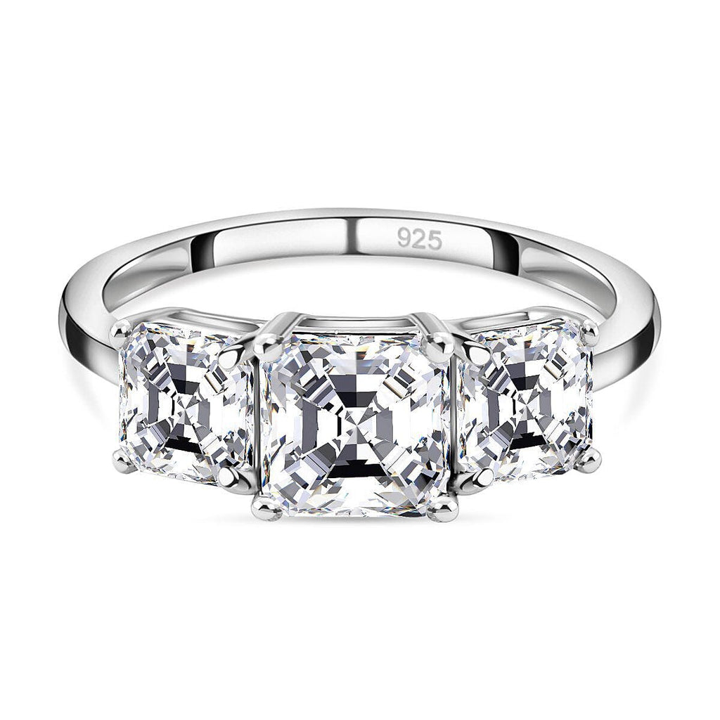 Moissanite (Asscher Cut) Trilogy Ring in Platinum Overlay Sterling Silver 2.482 Ct.
