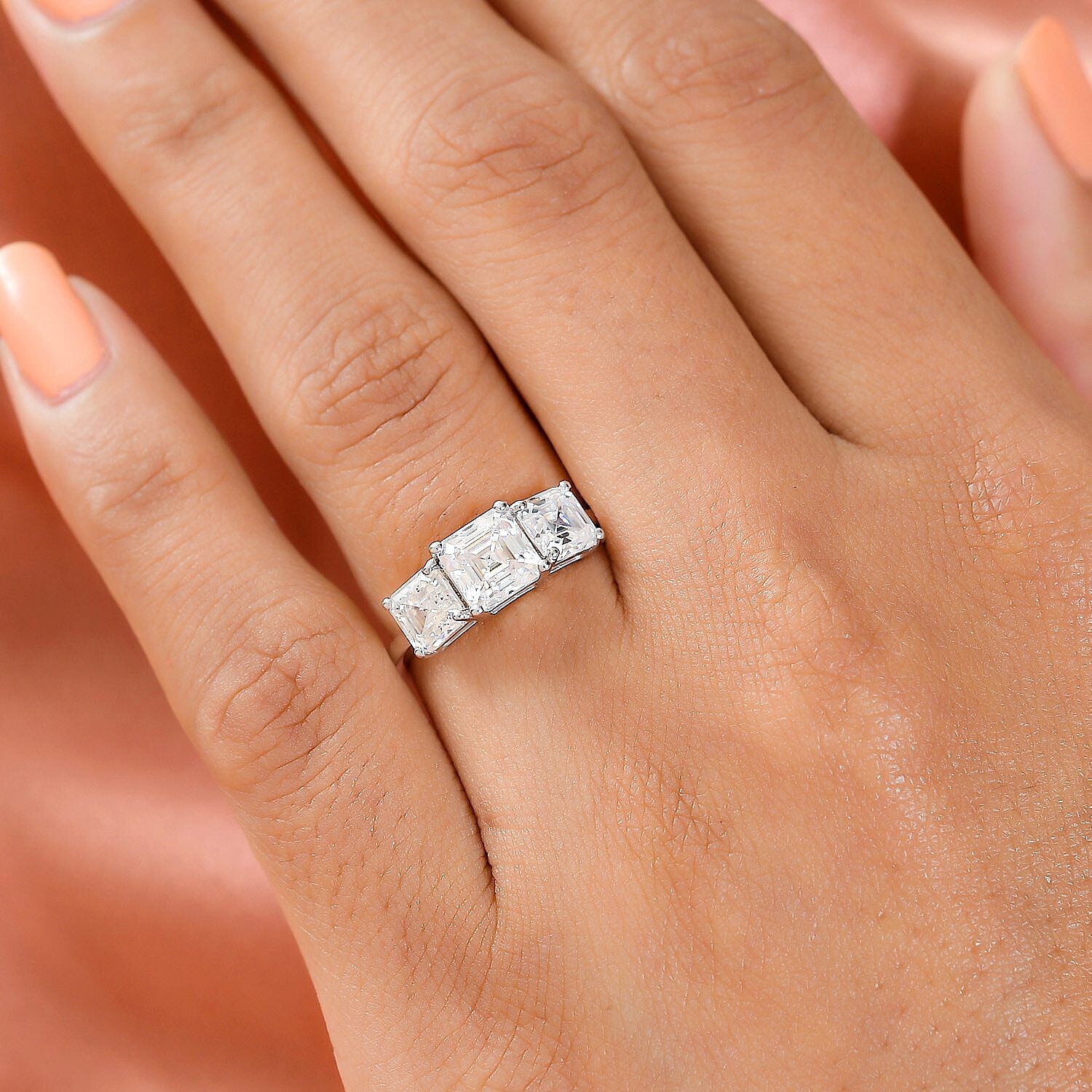 Moissanite (Asscher Cut) Trilogy Ring in Platinum Overlay Sterling Silver 2.482 Ct. 7173159 5