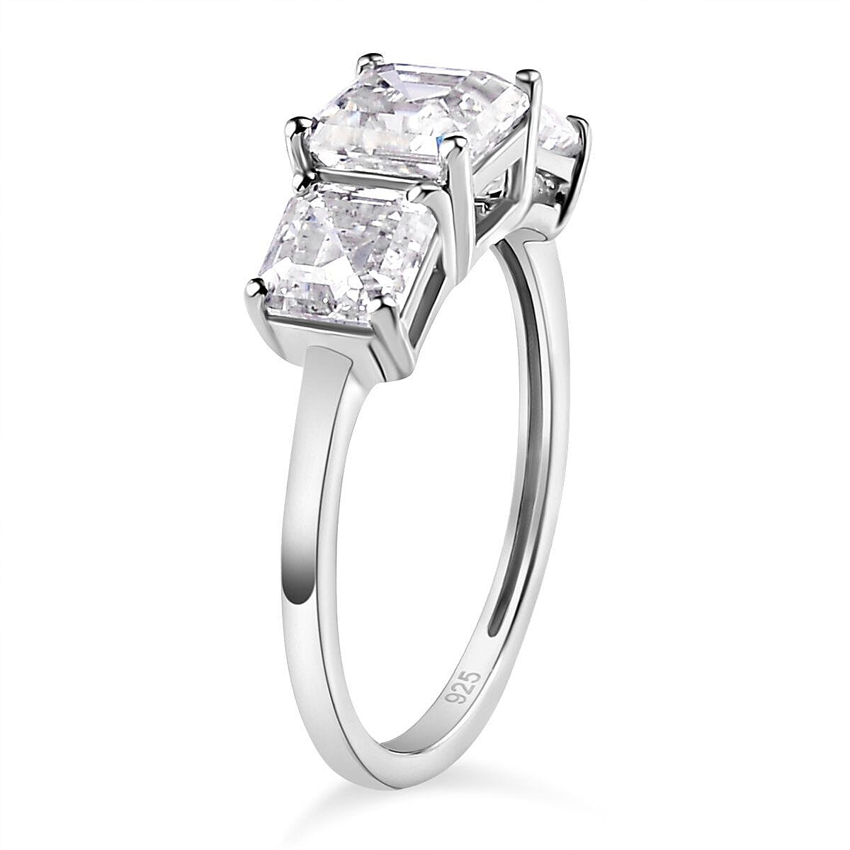 Moissanite (Asscher Cut) Trilogy Ring in Platinum Overlay Sterling Silver 2.482 Ct. 7173159 7