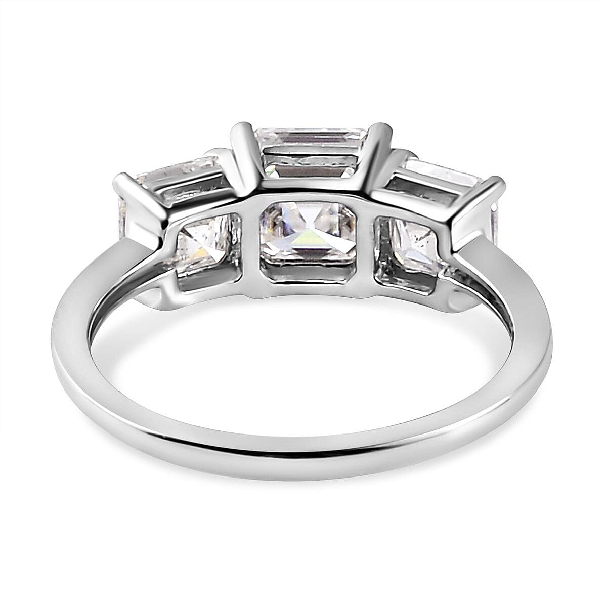 Moissanite (Asscher Cut) Trilogy Ring in Platinum Overlay Sterling Silver 2.482 Ct. 7173159 9