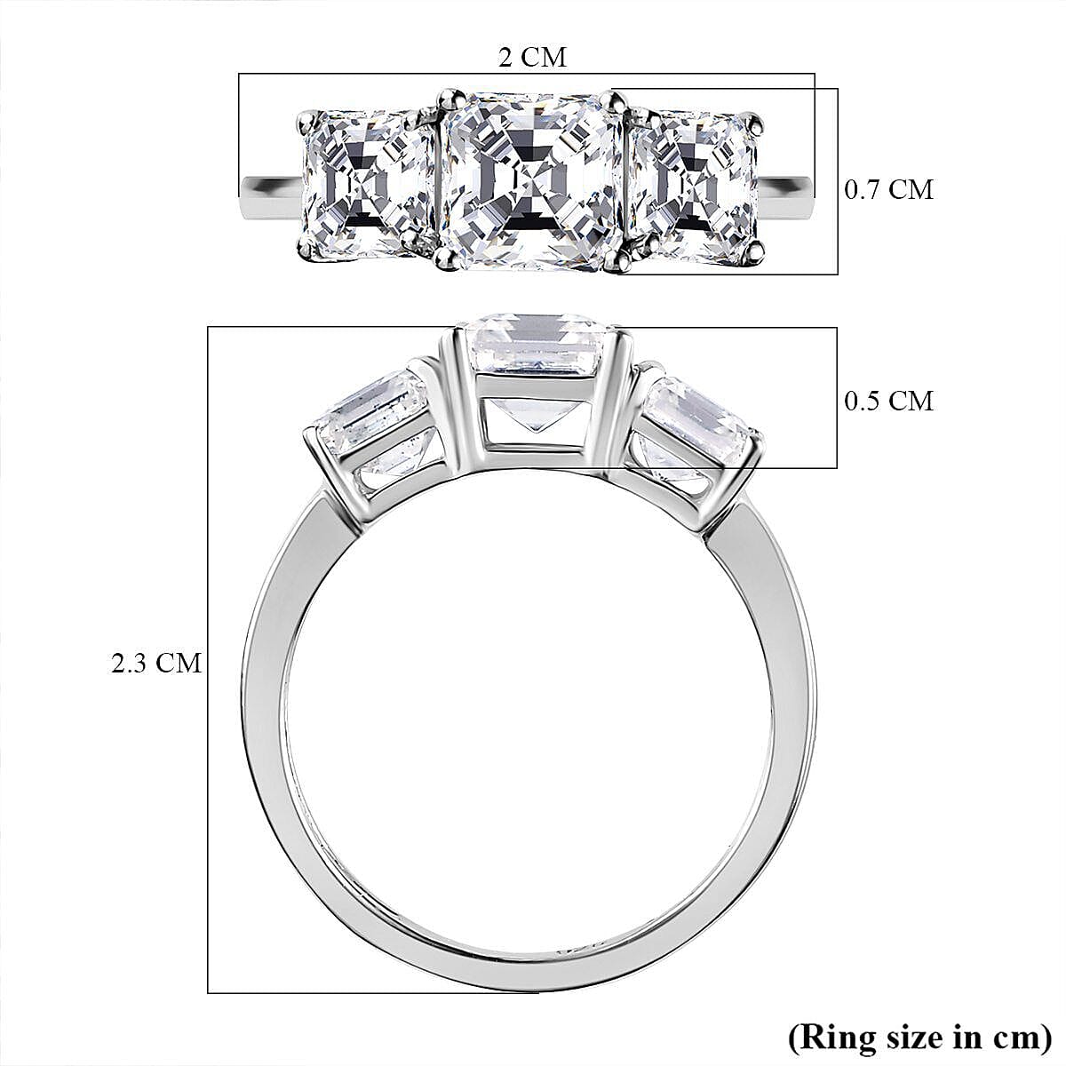 Moissanite (Asscher Cut) Trilogy Ring in Platinum Overlay Sterling Silver 2.482 Ct. 7173159 11