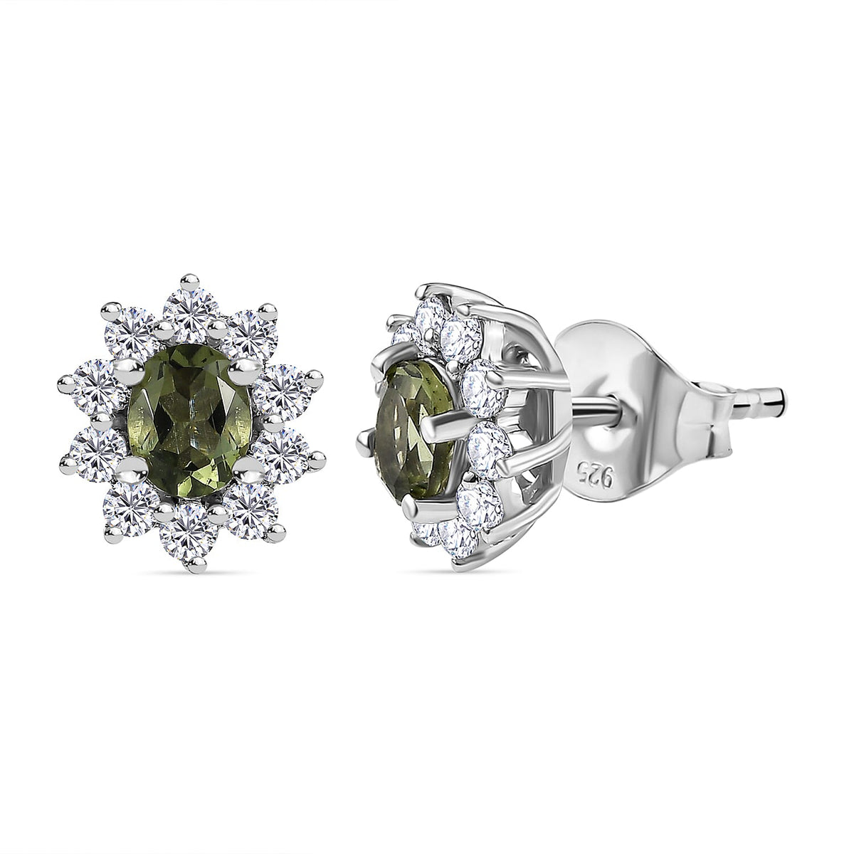 Moldavite and Natural Zircon Stud Earrings in Platinum Overlay Sterling Silver 1.16 Ct. 7551231 0