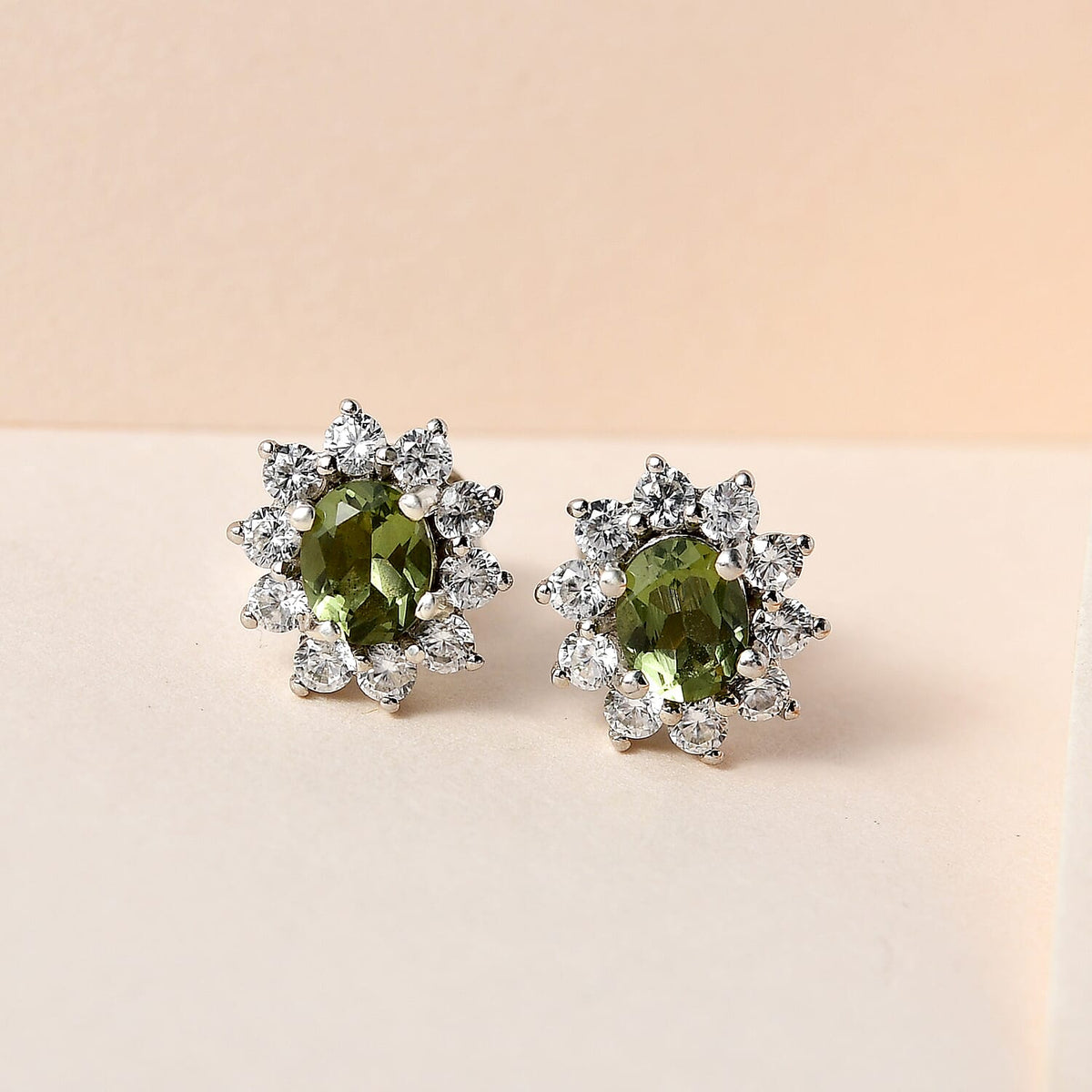 Moldavite and Natural Zircon Stud Earrings in Platinum Overlay Sterling Silver 1.16 Ct. 7551231 1