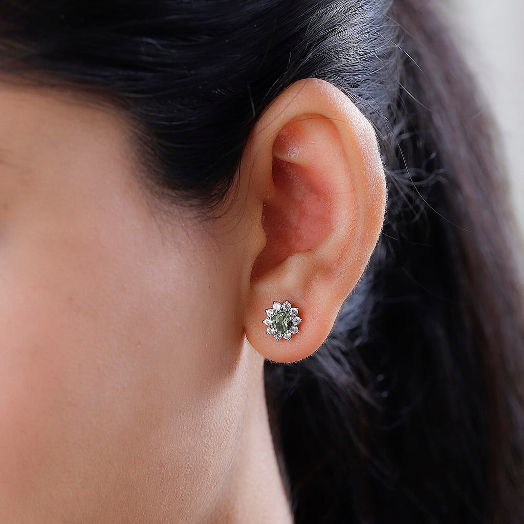 Moldavite & Natural Zircon Stud Earrings in Platinum Overlay Sterling Silver 1.16 Ct.