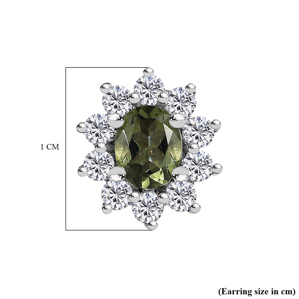 Moldavite & Natural Zircon Stud Earrings in Platinum Overlay Sterling Silver 1.16 Ct.