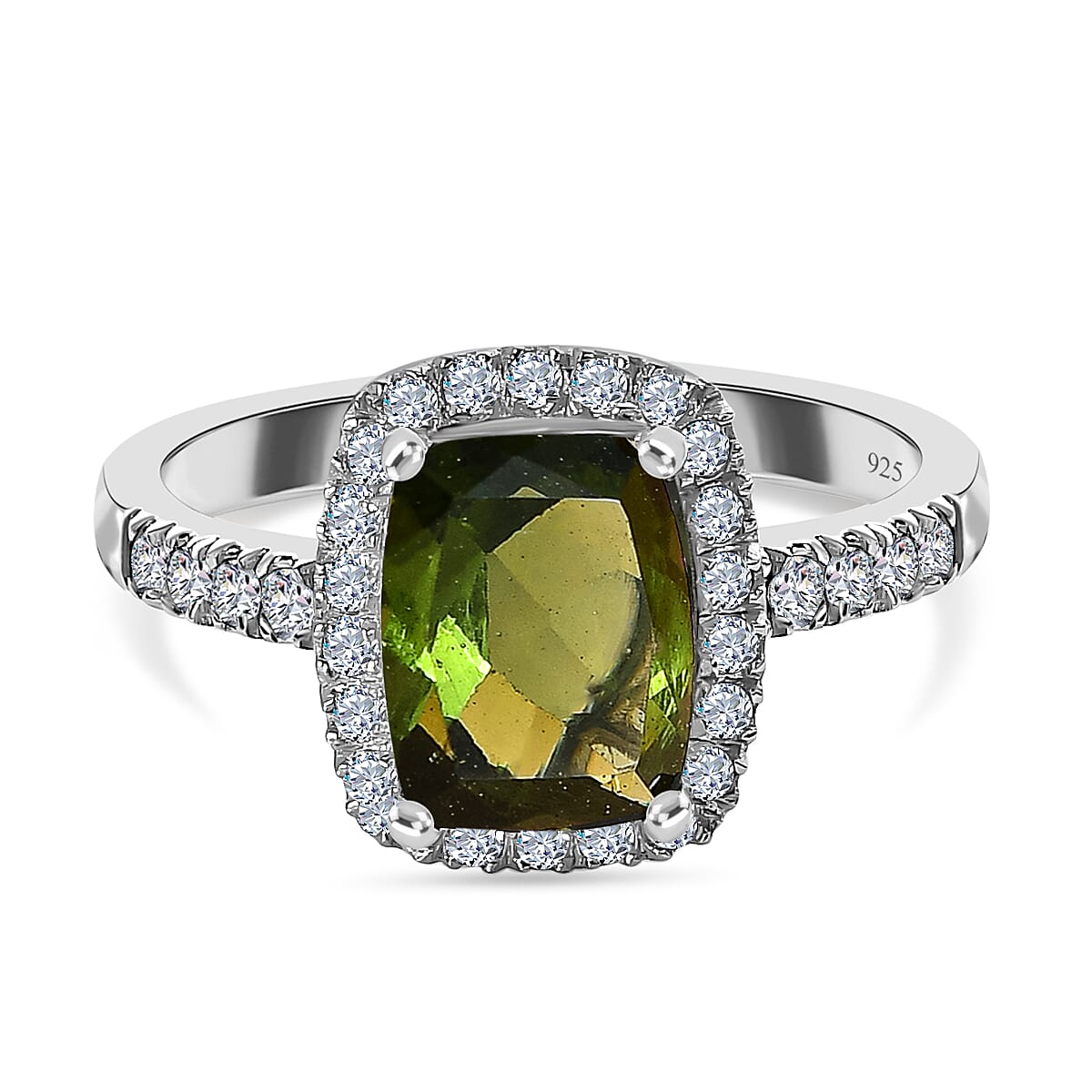 Moldavite &amp; Natural Zircon Ring in Platinum Overlay Sterling Silver 2.29 Ct. 7551593 0