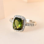 Moldavite & Natural Zircon Ring in Platinum Overlay Sterling Silver 2.29 Ct.