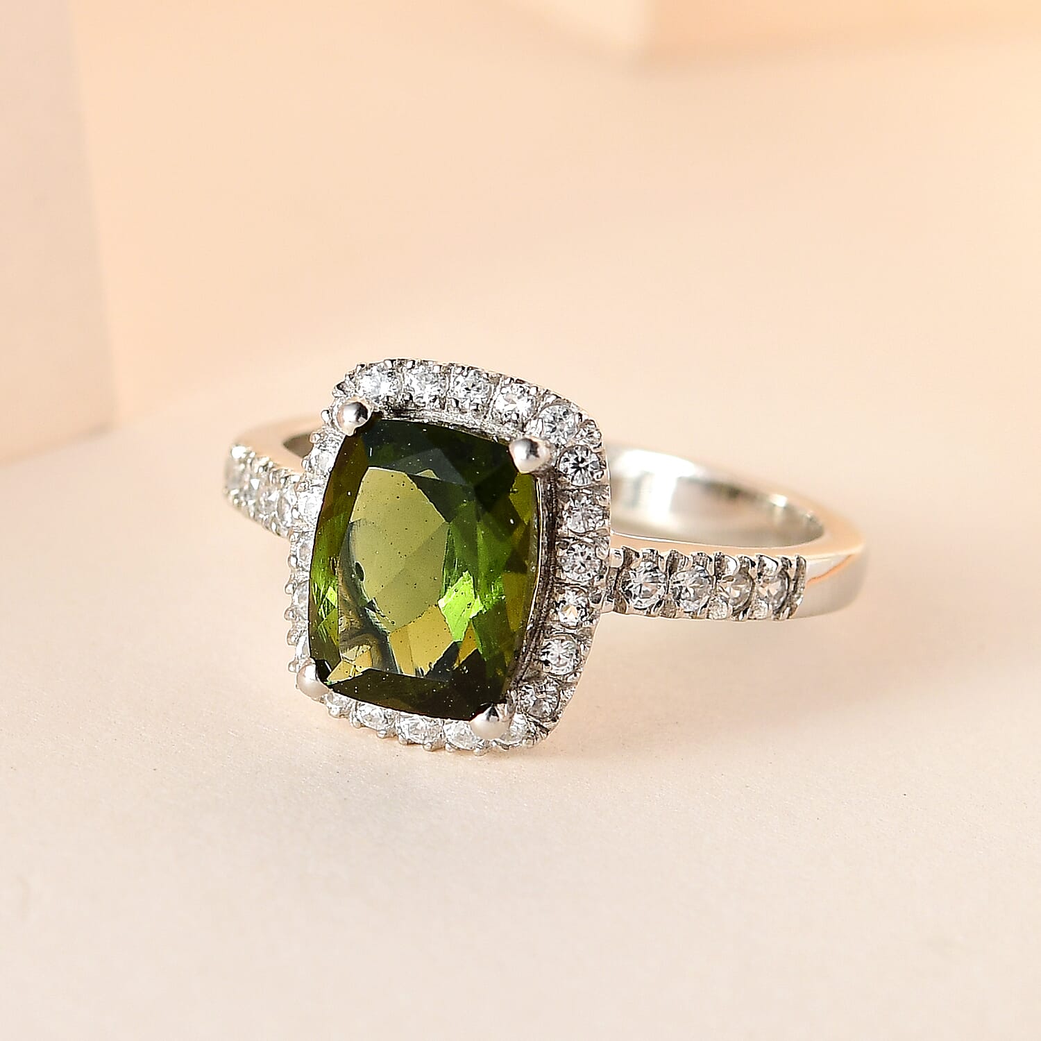 Moldavite &amp; Natural Zircon Ring in Platinum Overlay Sterling Silver 2.29 Ct. 7551593 1
