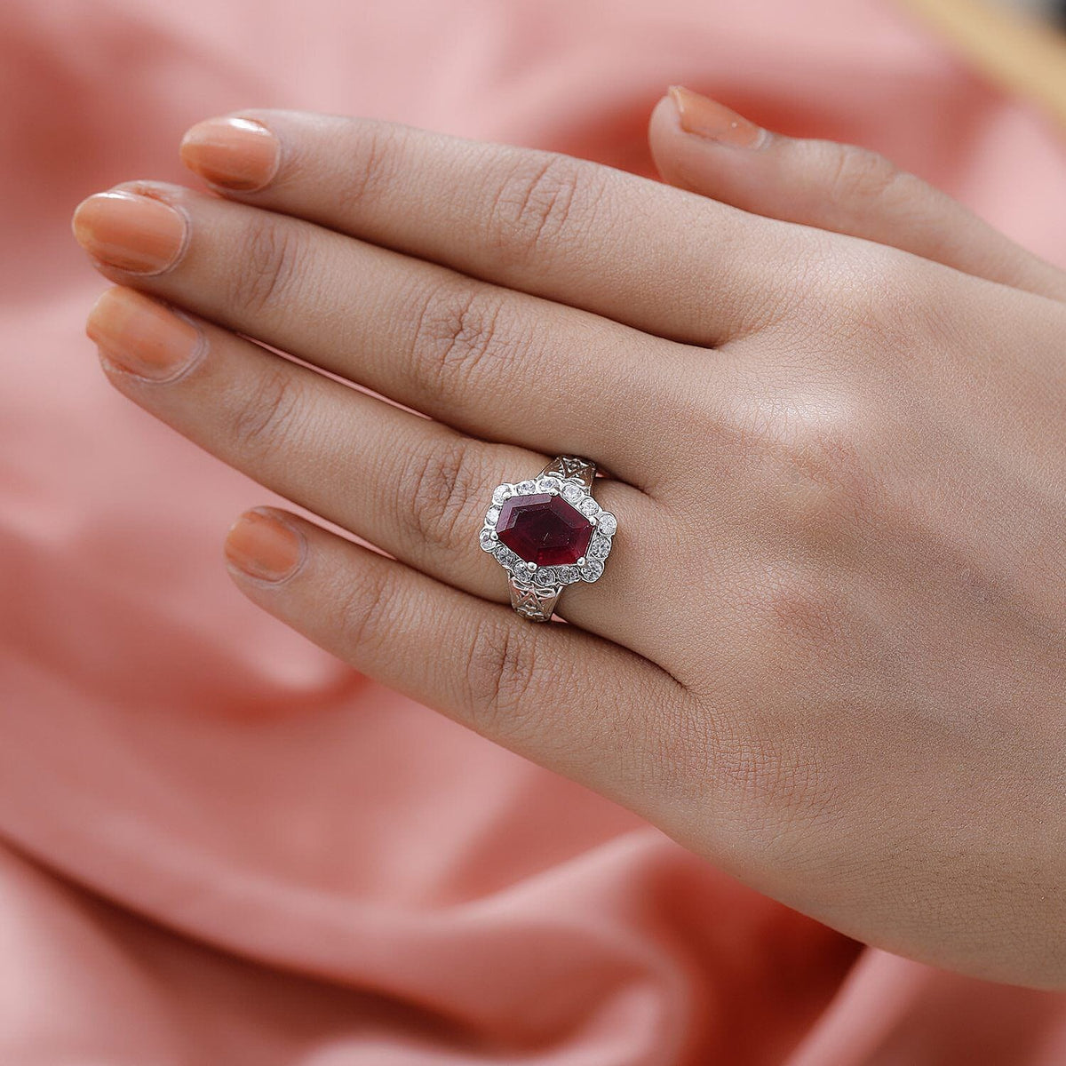 African Ruby and Natural Zircon Halo Ring in Platinum Overlay Sterling Silver 6.16 Ct. 7263106 5